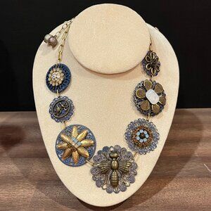 Lenora Dame Bejeweled Vintage Inspired Bib Necklace with Bee and Flowers